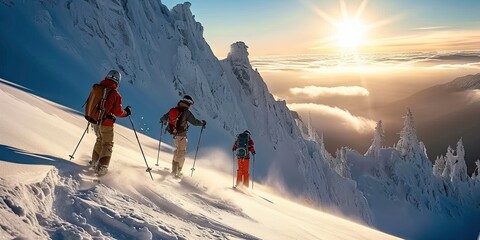 Ski adventure in snowy terrain hiker embracing hiking in winter wonderland, snow covered travel...