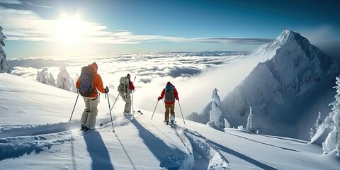 Ski adventure in snowy terrain hiker embracing hiking in winter wonderland, snow covered travel nature mountains calling people to sport cold trek in extreme landscape man active white forest - Powered by Adobe