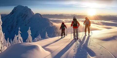 Ski adventure in snowy terrain hiker embracing hiking in winter wonderland, snow covered travel...