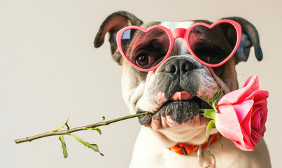dog with a flower - obrazy, fototapety, plakaty