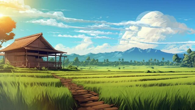 Animated illustration of a wooden hut in the middle of a rice field with a beautiful view of the mountains. Illustration of a view of rice fields in the morning. Background animation.