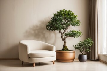 Interior home design of living room with beige armchair and bonsai tree