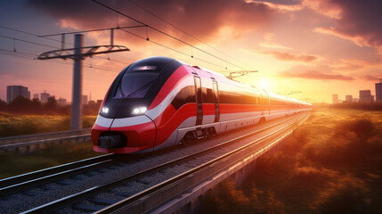 High-speed train running on railway. - obrazy, fototapety, plakaty