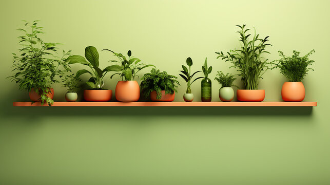 image of minimal herb garden, each plant a study in the subtlety of green shades. 3D-rendered