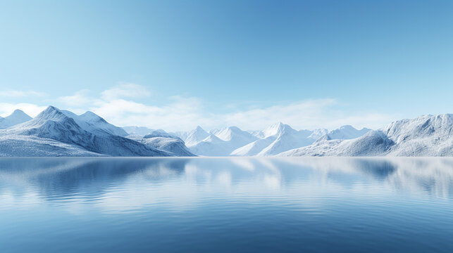 minimalist alpine lake, clarity water mirroring simplicity and tranquility of mountains. 3D rendered