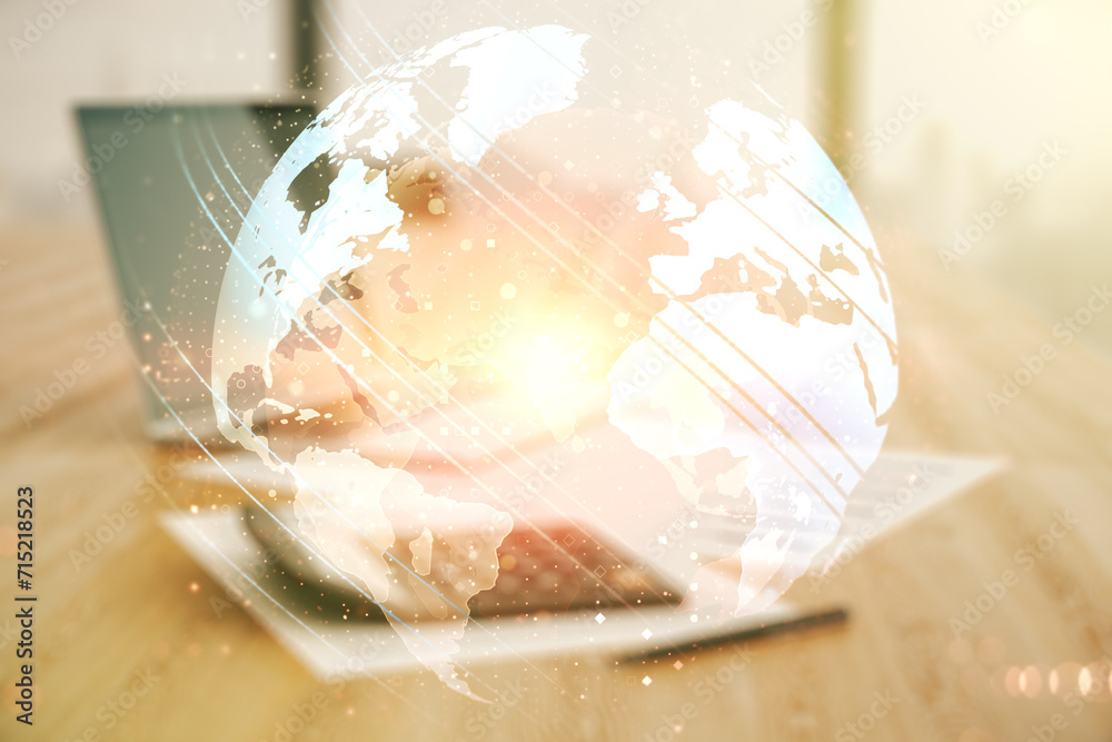 Poster multi exposure of abstract graphic world map hologram on calculator and pc background, connection an