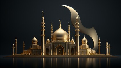 Obraz premium 3D illustration of mosque with moon on dark background. Ramadan Kareem concept.