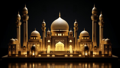 Fototapeta na wymiar 3D illustration of mosque with golden lanterns on black background.