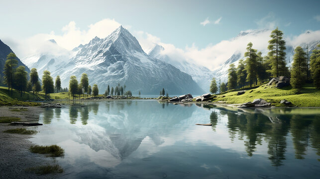 minimalist alpine lake, clarity water mirroring simplicity and tranquility of mountains. 3D rendered