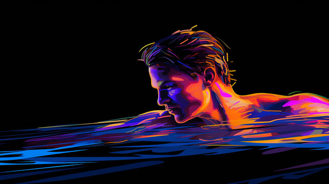 a young swimmer in motion with neon outline of