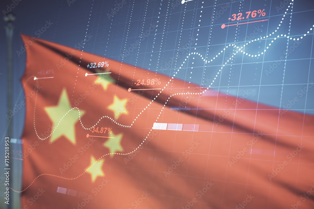 Poster Multi exposure of stats data illustration on flag of China and sunset sky background, computing and analytics concept