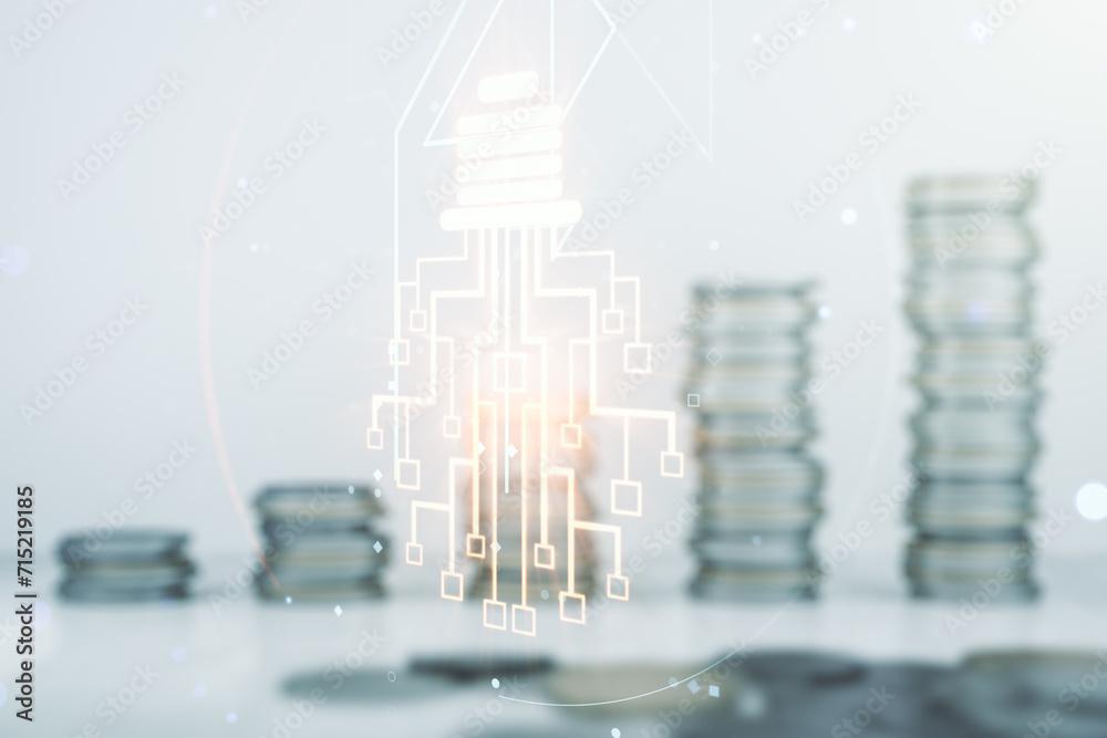 Aufkleber double exposure of virtual creative light bulb hologram with chip on growing stacks of coins backgro