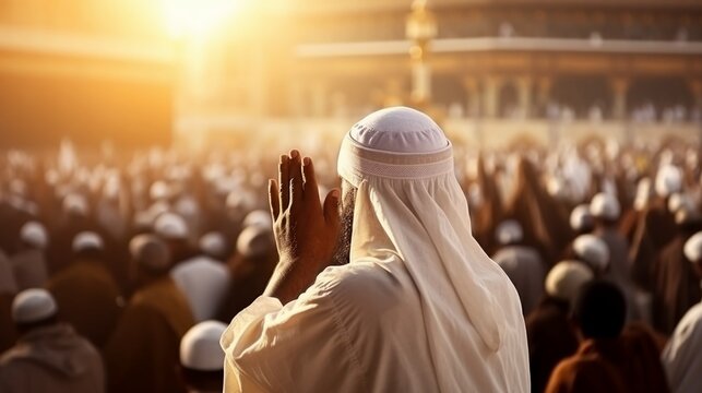 Muslim man praying in Mecca during the holy month of Ramadan with crowds in the background.
