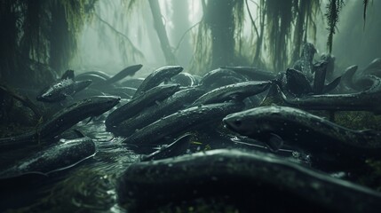 Peaceful riverbank with a school of freshwater eels.