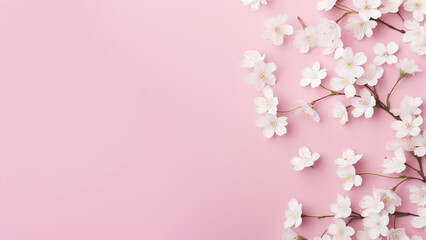 Fototapeta na wymiar Small white flowers on pastel pink background. Happy Women's Day, Wedding, Mother's Day, Easter.
