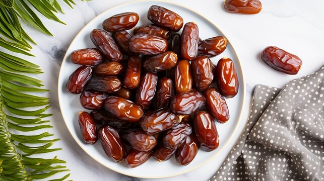 Dates fruit on white plate with green leaf on white background.