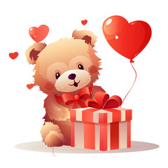 teddy bear sitting with wrapped gift box happy valentines day celebration greeting card