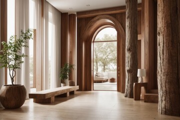 rustic interior home design of entrance hall with door and tree trunk columns