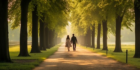 A romantic stroll along a tree,lined path in the golden hour , romantic stroll, tree,lined path, golden hour - obrazy, fototapety, plakaty