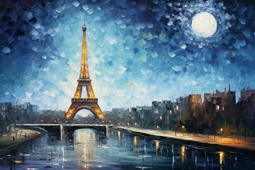 Night cityscape of Paris painted on canvas with palette knife, featuring a starry sky, full moon, and popular tourist location. Trendy wall art print and creative design. Generative AI