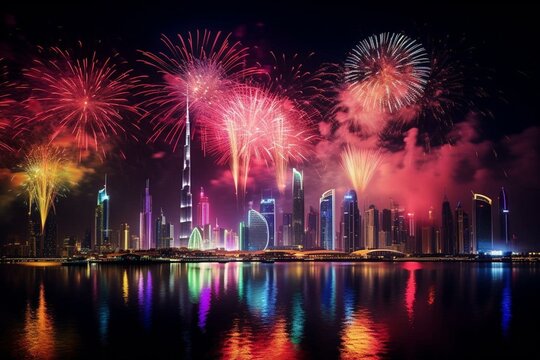 Vibrant fireworks showcase lighting up Dubai's sky to celebrate the arrival of the new year. Generative AI