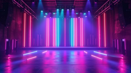 The vibrant neon lights dance and flicker across the walls of the concert hall creating a visually...