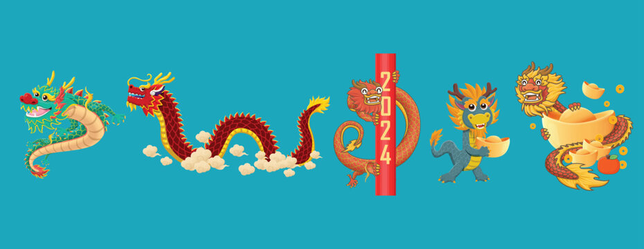 Vintage Chinese new year poster design with dragon set.