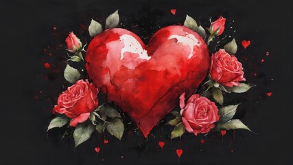 Red heart and roses in grunge style for Valentines Day, ideal for banner, poster, social media, gift, greeting, invitation card.  Symbol of love