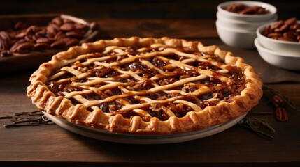 A zoomedin shot showcasing the intricate lattice pattern on top of a Pecan pie, created through delicately woven strips of goldenbrown pastry dough.