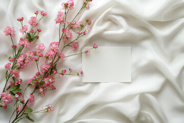 A Flat Lay Composition Featuring Flowers and a Card Resting on a Light White Silk Background - A Captivating and Elegant Arrangement