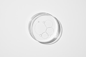 top view shot of a petri dish with liquid bubbles oil on a white background. hard lighting hard...