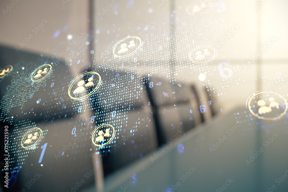 Aufkleber Double exposure of social network icons interface and world map on a modern boardroom background. Networking concept