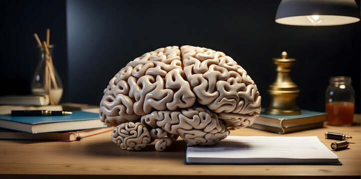 A brain sitting on a table with works say success