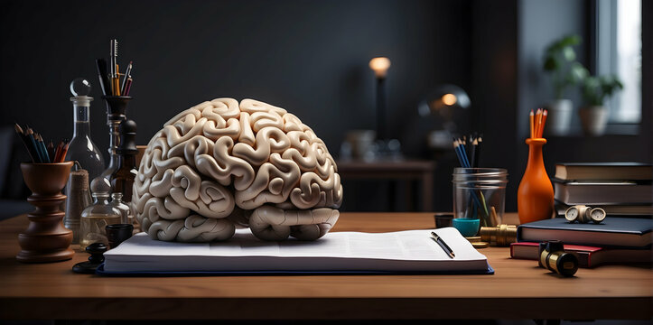 A brain sitting on a table with works say success