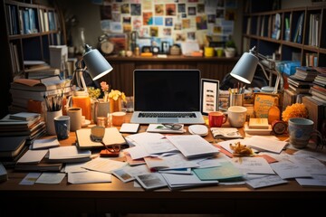Desk cluttered with paperwork, a computer, and office supplies, showing the daily struggles of office life, Generative AI - obrazy, fototapety, plakaty