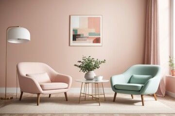 Interior home design of living room with two chairs and accent table, frame poster on pastel wall