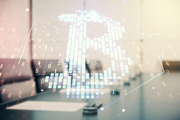 Double exposure of creative Bitcoin symbol hologram on a modern meeting room background....