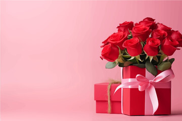 bouquet of red roses on a pink background with a gift for Valentine's Day and with a place for text, a picture for Valentine's Day, generative AI