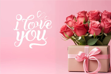 bouquet of red roses on a pink background with a gift for Valentine's Day and with text I love you, a picture for Valentine's Day, generative AI
