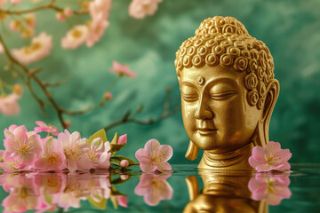 golden buddha face with big glowing lotus with cherry blossom flowers, colorful flowers, nature green background