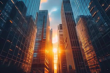 High tower reaching skyward in urban landscape skyscraper city business architecture exterior of office buildings modern of futuristic designs blue dominating view of downtown finance district