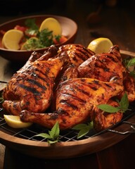 Butterflied chicken s, marinated in a zesty blend of citrus juices and herbs, glisten under the heat of the grill. The smoky char adds depth to the tender, flavorful meat.