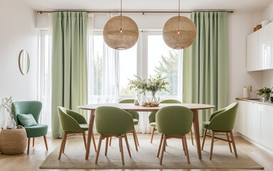 Color chairs around a round wooden dining table near a window with light green and white curtains, showcasing Scandinavian interior design in a modern dining room.