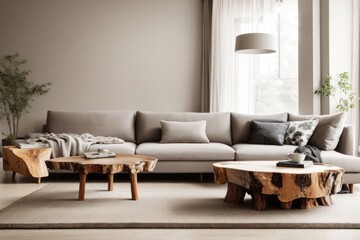 Scandinavian interior home design of living room with gray sofa and wooden edge stump table