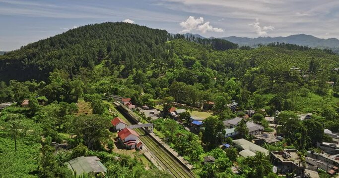 Ella Sri Lanka Aerial v36 flyover railway station and town center capturing winding mountain roads, hillside resort hotels, rock view point mountainous landscape - Shot with Mavic 3 Cine - April 2023
