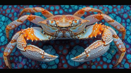 A crab, its scales a mosaic of orange and white dots, appearing to swim across a canvas of deep blue dotted waves, backdrop