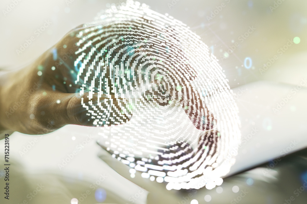 Poster abstract creative fingerprint illustration with finger clicks on a digital tablet on background, per
