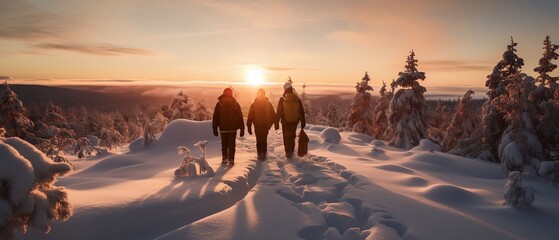 People hiking snow mountain with sunset vibes