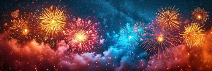 Brightly Colorful Fireworks Night Sky Background, Background HD, Illustrations