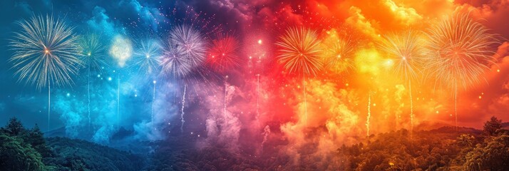 Obraz na płótnie Canvas Brightly Colorful Fireworks Salute Various Colors, Background HD, Illustrations